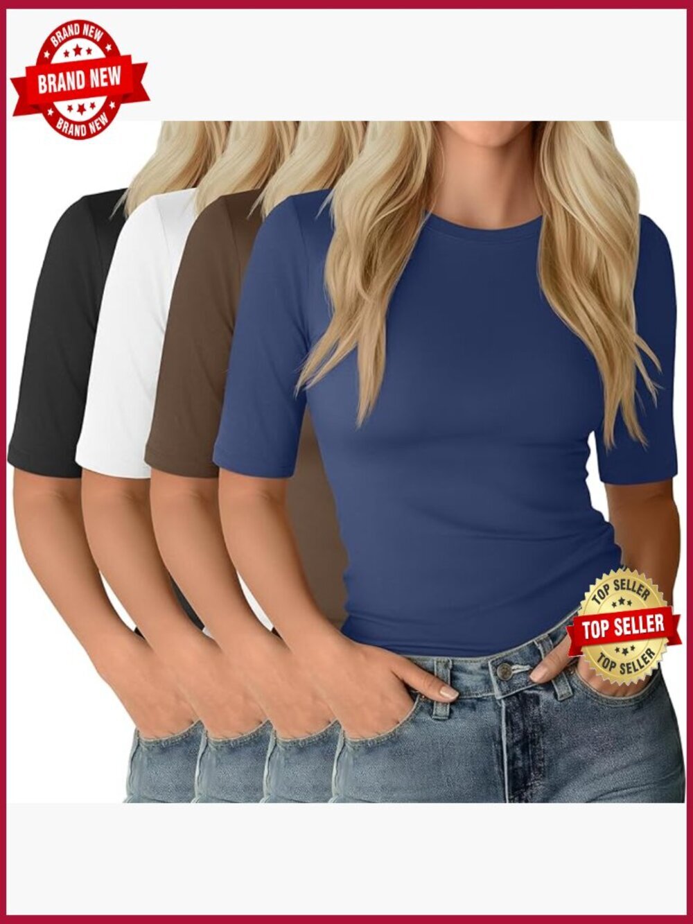 4 Pack Women's Half Sleeve Tees Elbow Length Slim Fit Crewneck Basic Tops